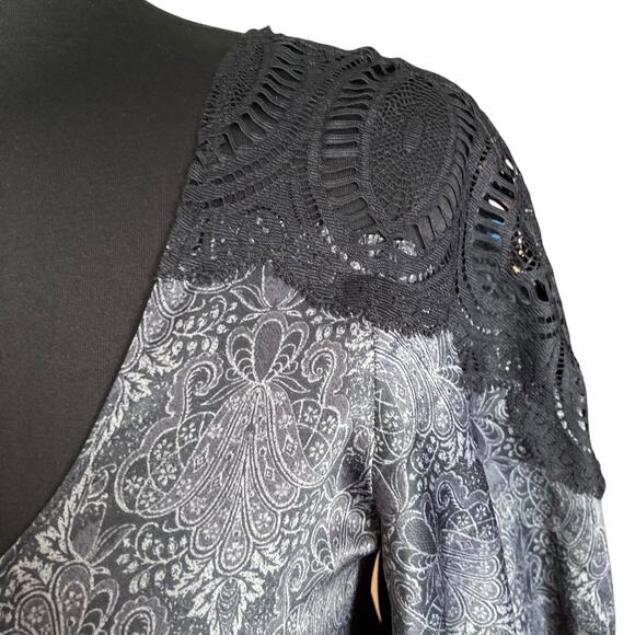 To The Max Black Grey Paisley Chiffon Dress Sz SMALL Lace Regency Whimsygoth - Picture 3 of 11